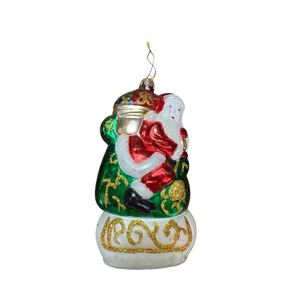 Santa’s Best Blown Glass Ornament Santa In Sleigh With Bag Of Toys 3D Colorful
